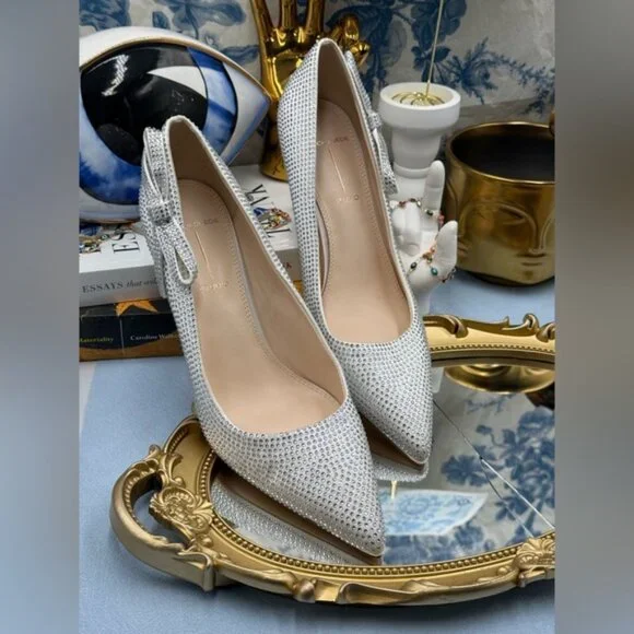 🆕 BLACK SUEDE STUDIO 🧿 NWOB White Satin Ribbon Rhinestone Heels, Sz 37 US 6.5 - Picture 5 of 16